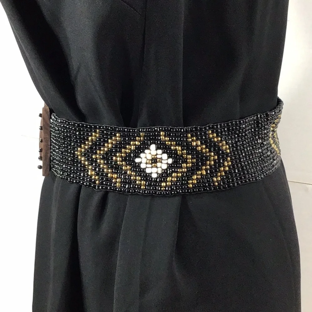 Vintage Elegant Black and Gold Beaded stretch Belt S